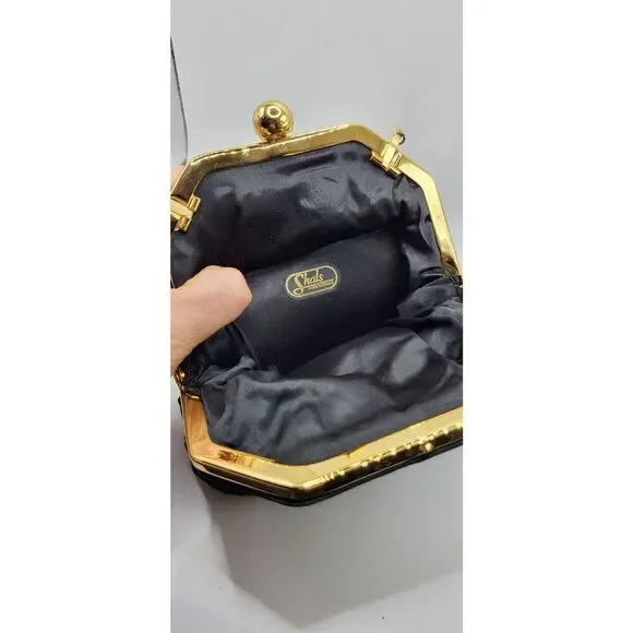 Shals Vintage Black Peau de Soie Clutch Pleated Evening Bag w Chain Strap - Picture 6 of 8